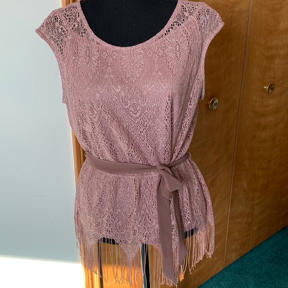 Studio Y Lace Sheer Sparkle Shimmer Top w/ Fringe Hem Maurices